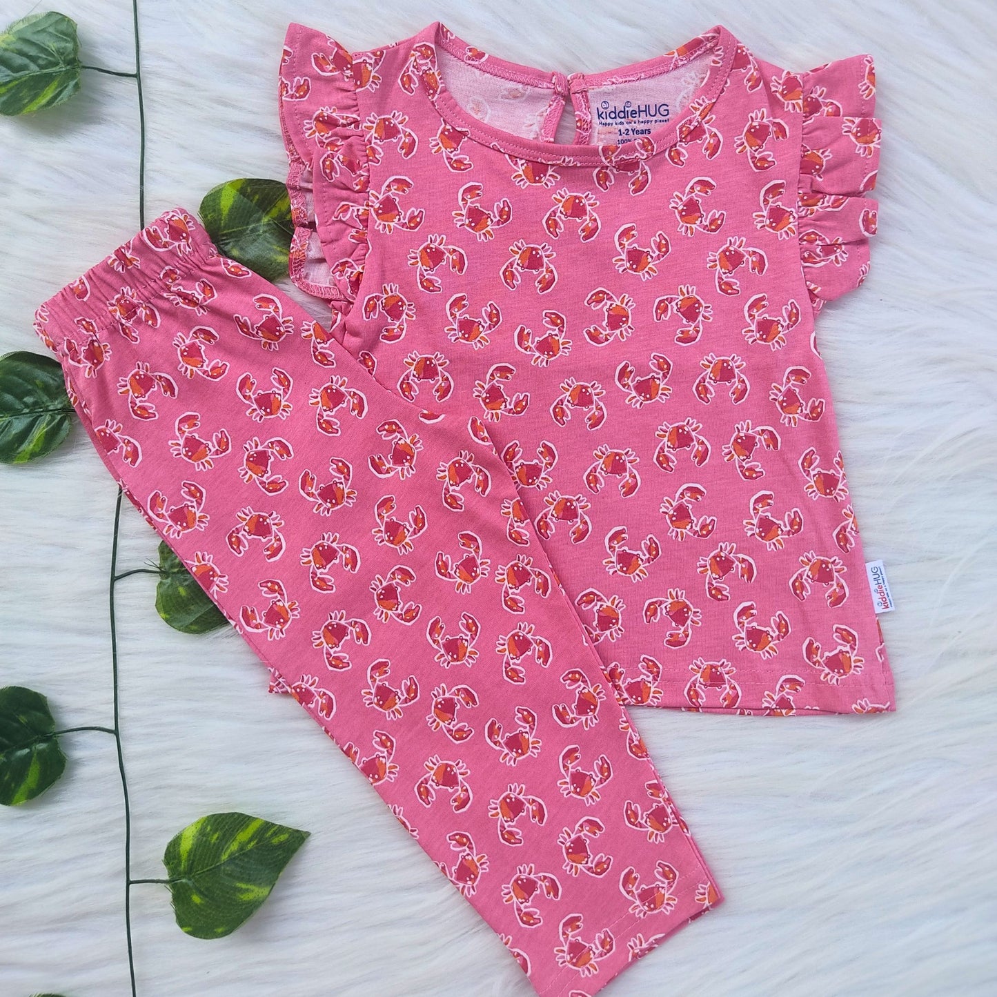 Frill sleeve top & Full pant set - Pink Crab