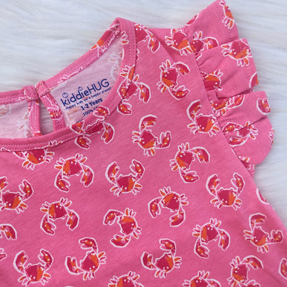 Frill sleeve top & Full pant set - Pink Crab