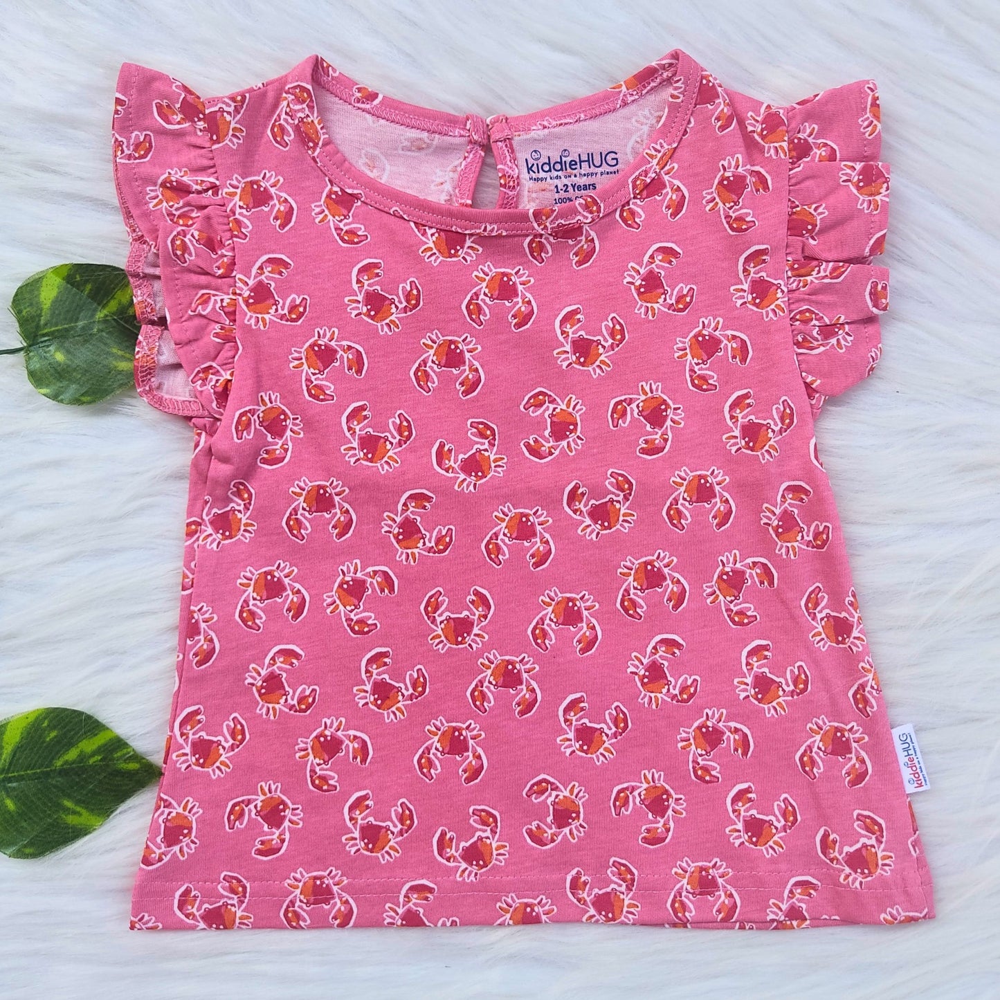 Frill sleeve top & Full pant set - Pink Crab