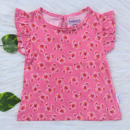 Frill sleeve top & Full pant set - Pink Crab