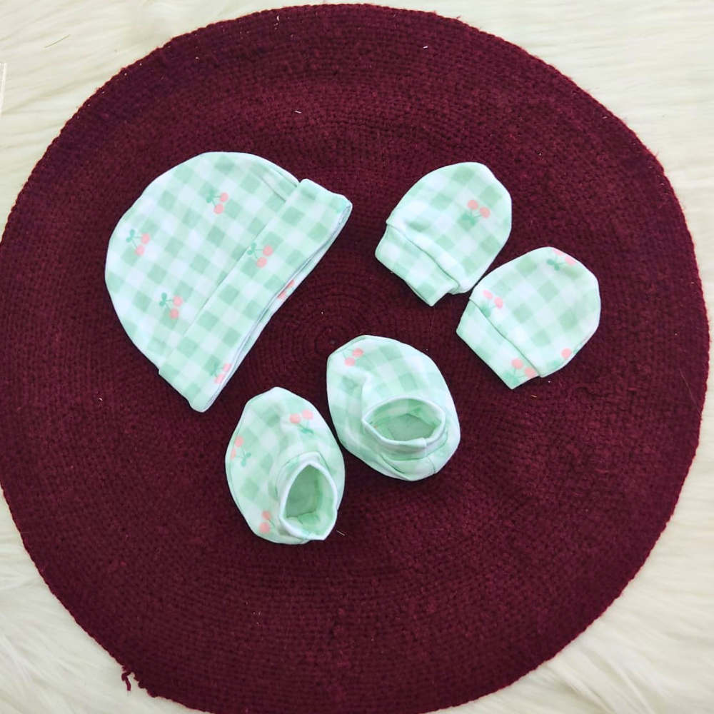 Cotton Cap-Mittens-Booties- Cherry