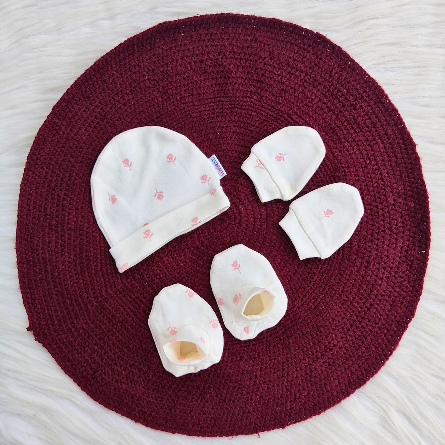 Cotton Cap-Mittens-Booties- Flowers