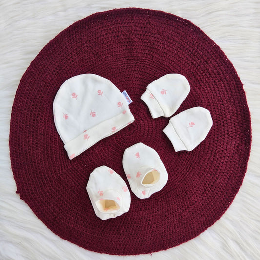 Cotton Cap-Mittens-Booties- Flowers