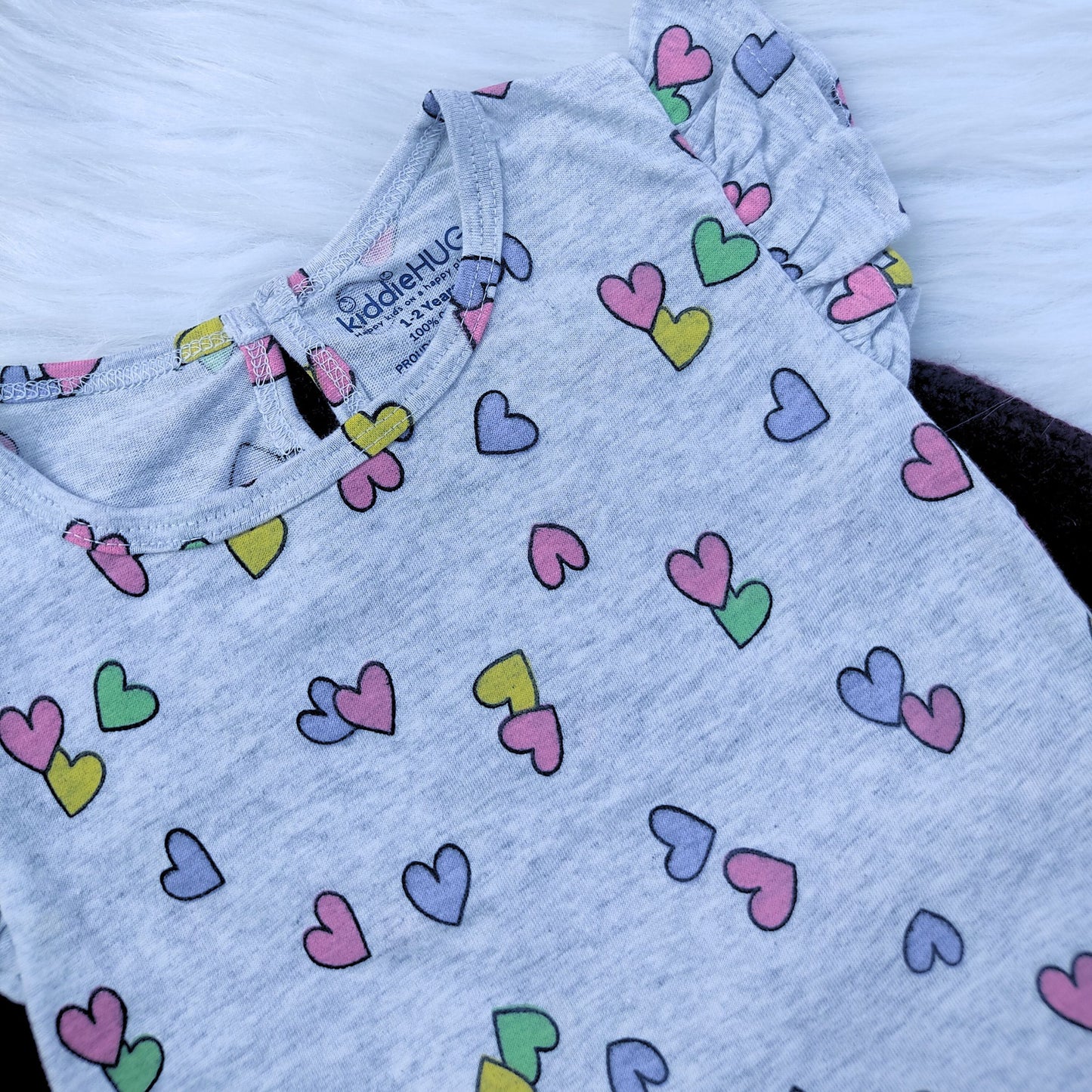 Frill sleeve top & Full pant set - Grey hearts