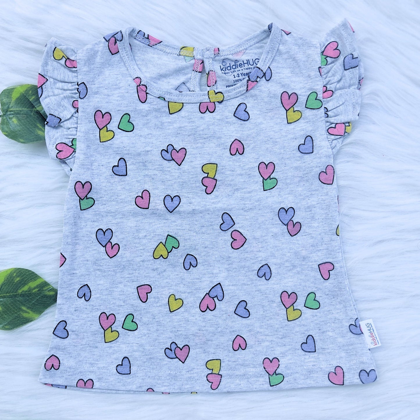 Frill sleeve top & Full pant set - Grey hearts