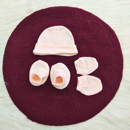 Cotton Cap-Mittens-Booties- Peach Dots