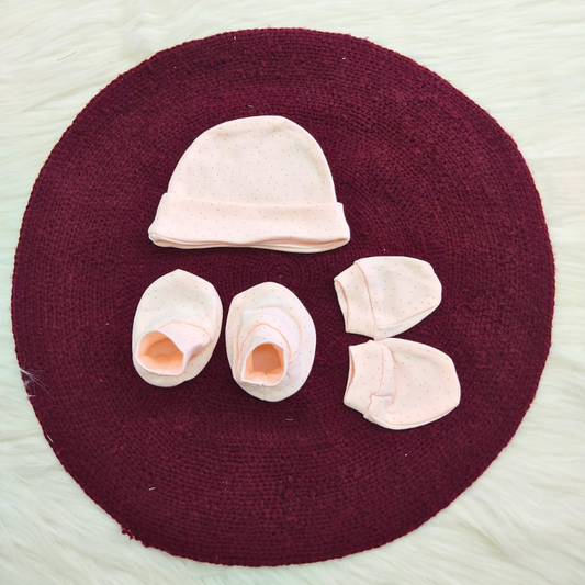 Cotton Cap-Mittens-Booties- Peach Dots