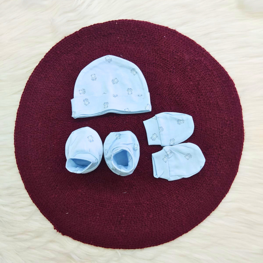 Cotton Cap-Mittens-Booties- Blue Teddy