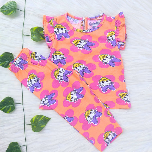 Frill sleeve top & Full pant set - Peach Pop