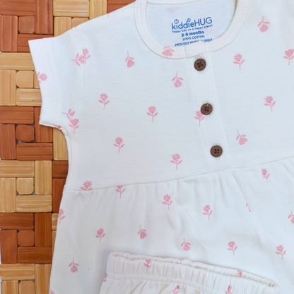 Sleeve Frock + Bloomer set - Tiny Pink Flowers