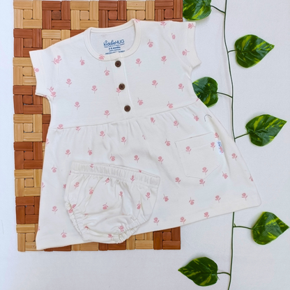 Sleeve Frock + Bloomer set - Tiny Pink Flowers