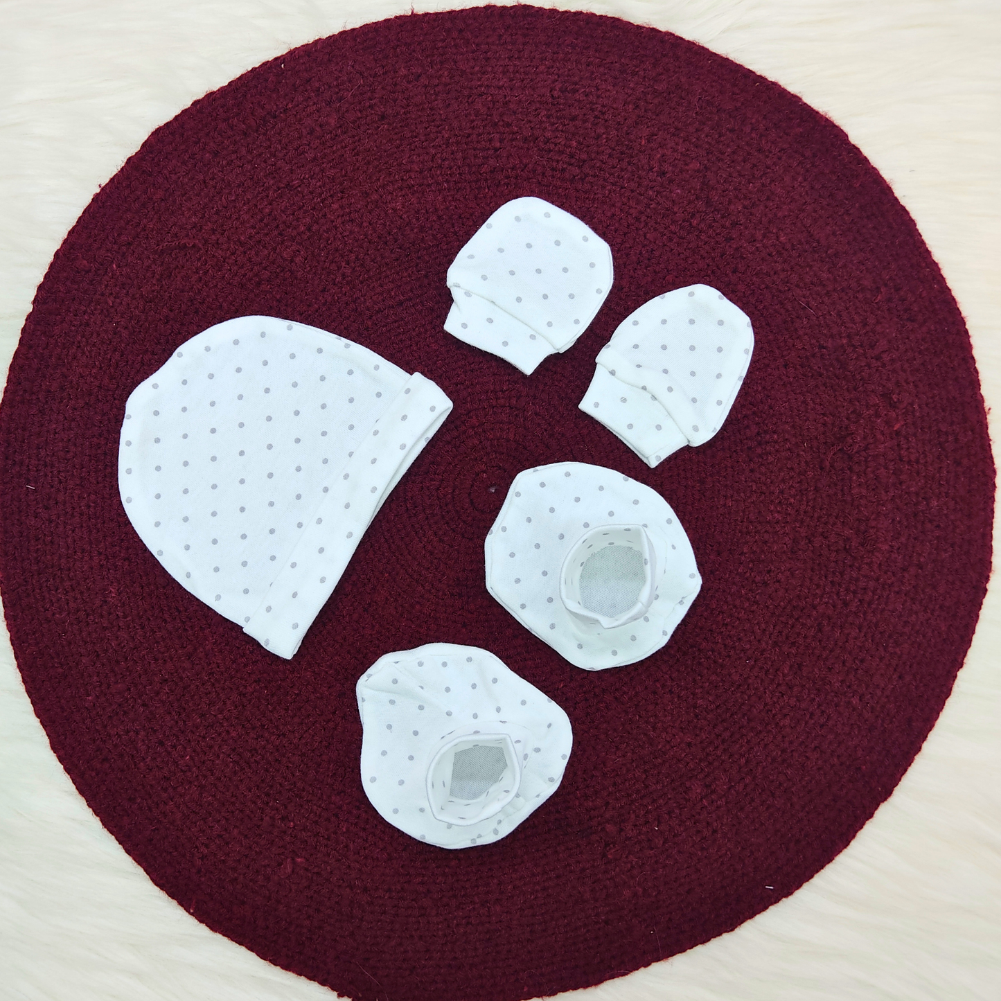 Cotton Cap-Mittens-Booties- Polka Dots