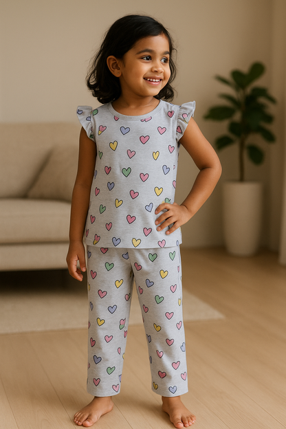 Frill sleeve top & Full pant set - Grey hearts