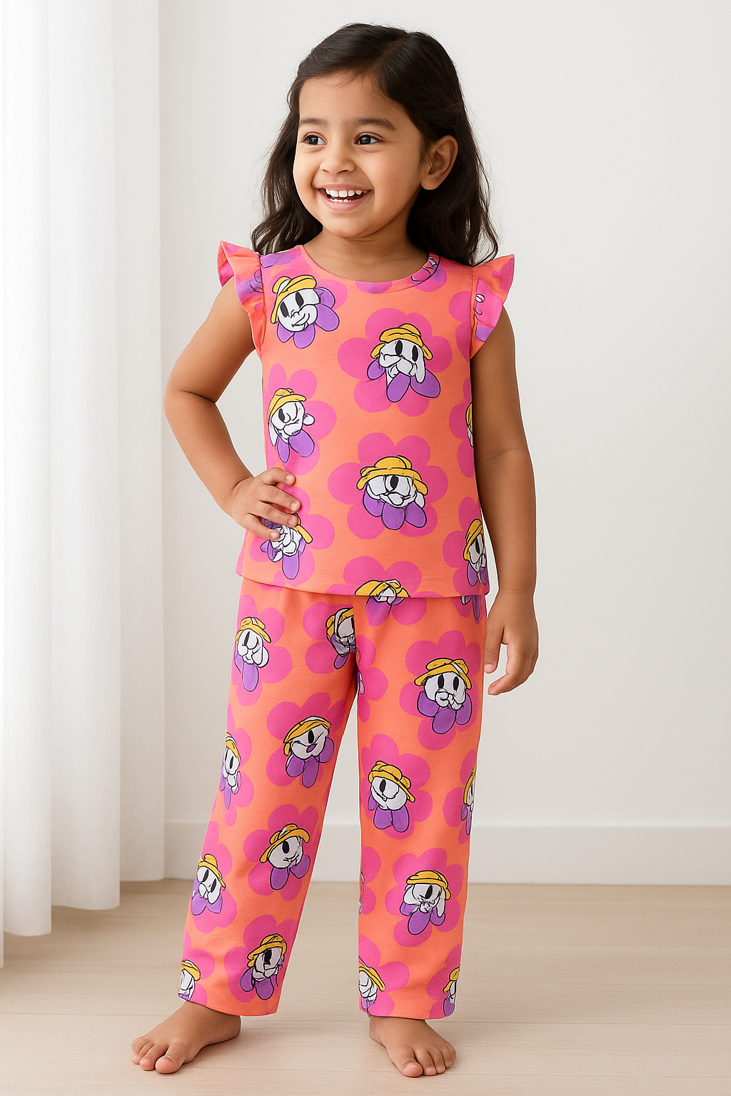 Frill sleeve top & Full pant set - Peach Pop