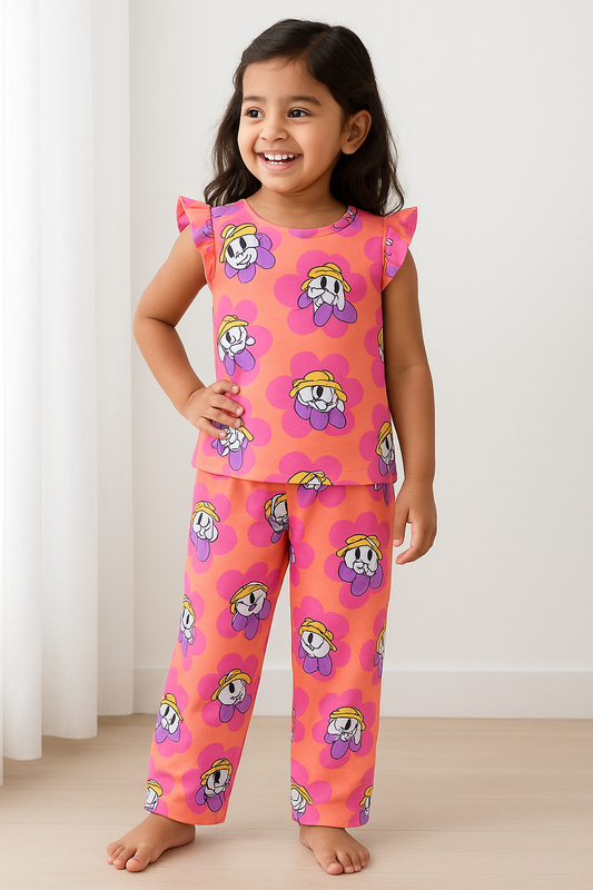 Frill sleeve top & Full pant set - Peach Pop