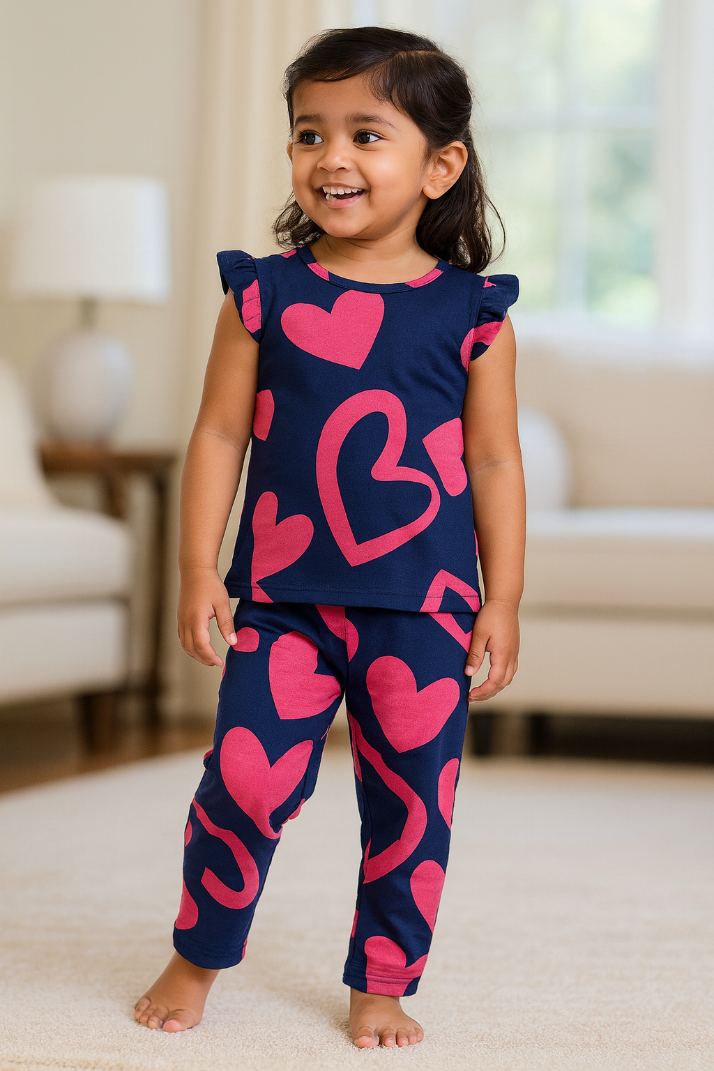 Frill sleeve top & Full pant set - Heartsy