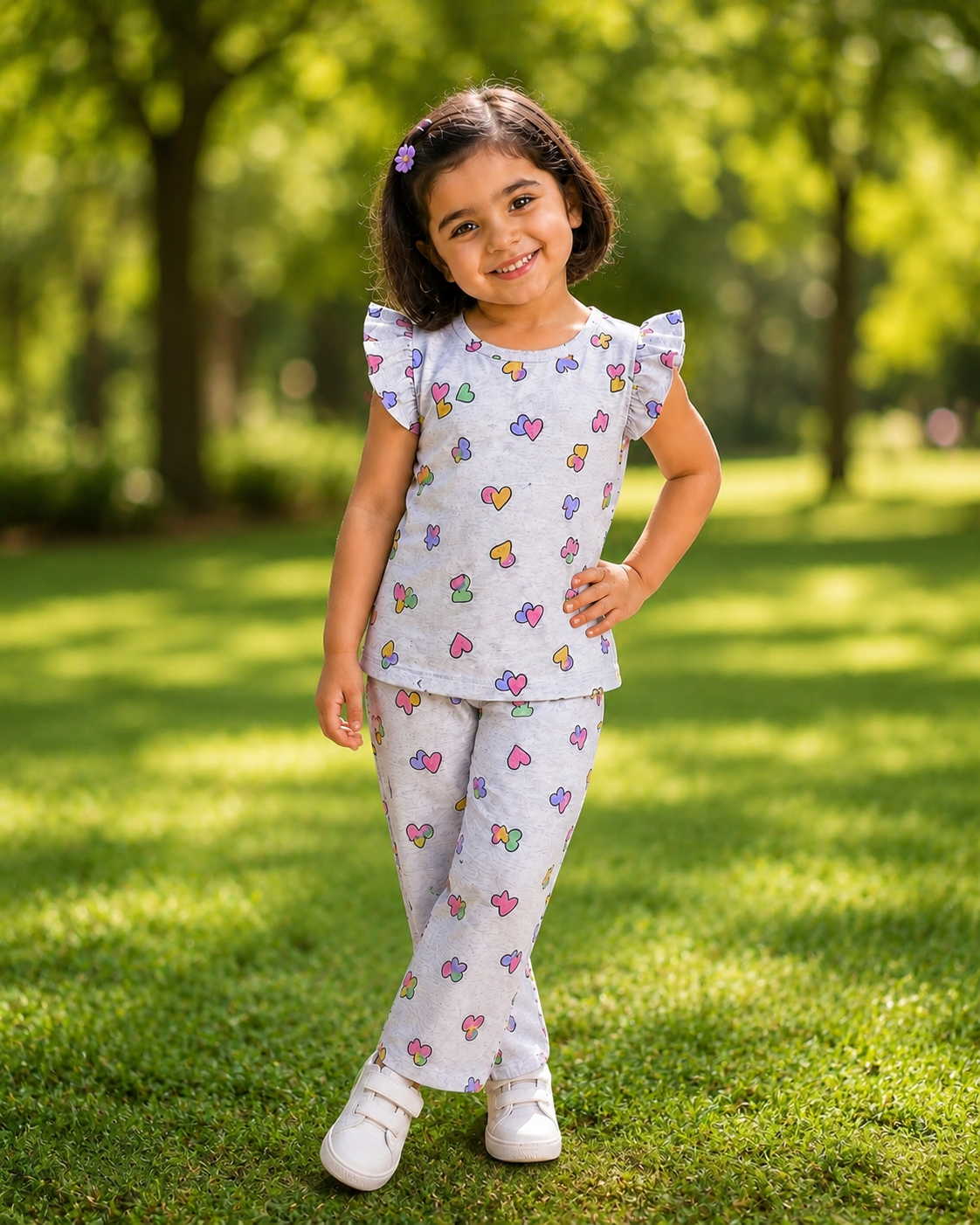 Frill sleeve top & Full pant set - Grey hearts
