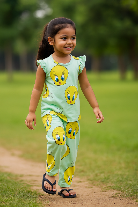 Frill sleeve top & Full pant set - Tweety