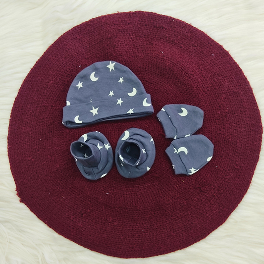 Cotton Cap-Mittens-Booties- Stars and Moon