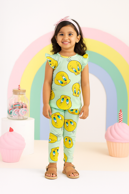 Frill sleeve top & Full pant set - Tweety